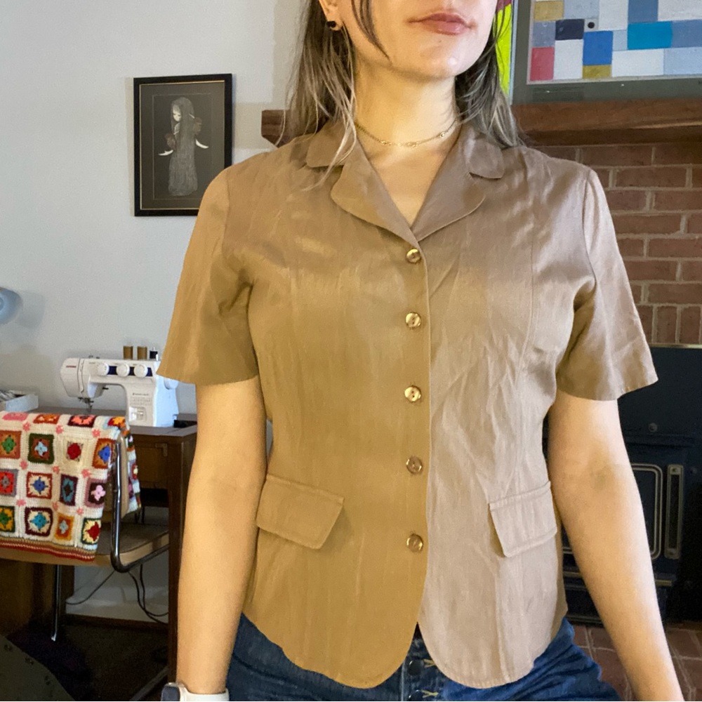 Vintage 90s Silk Anna & Frank Neutral Cinch Waist Soft Short Sleeve Blou… - Picture 2 of 10